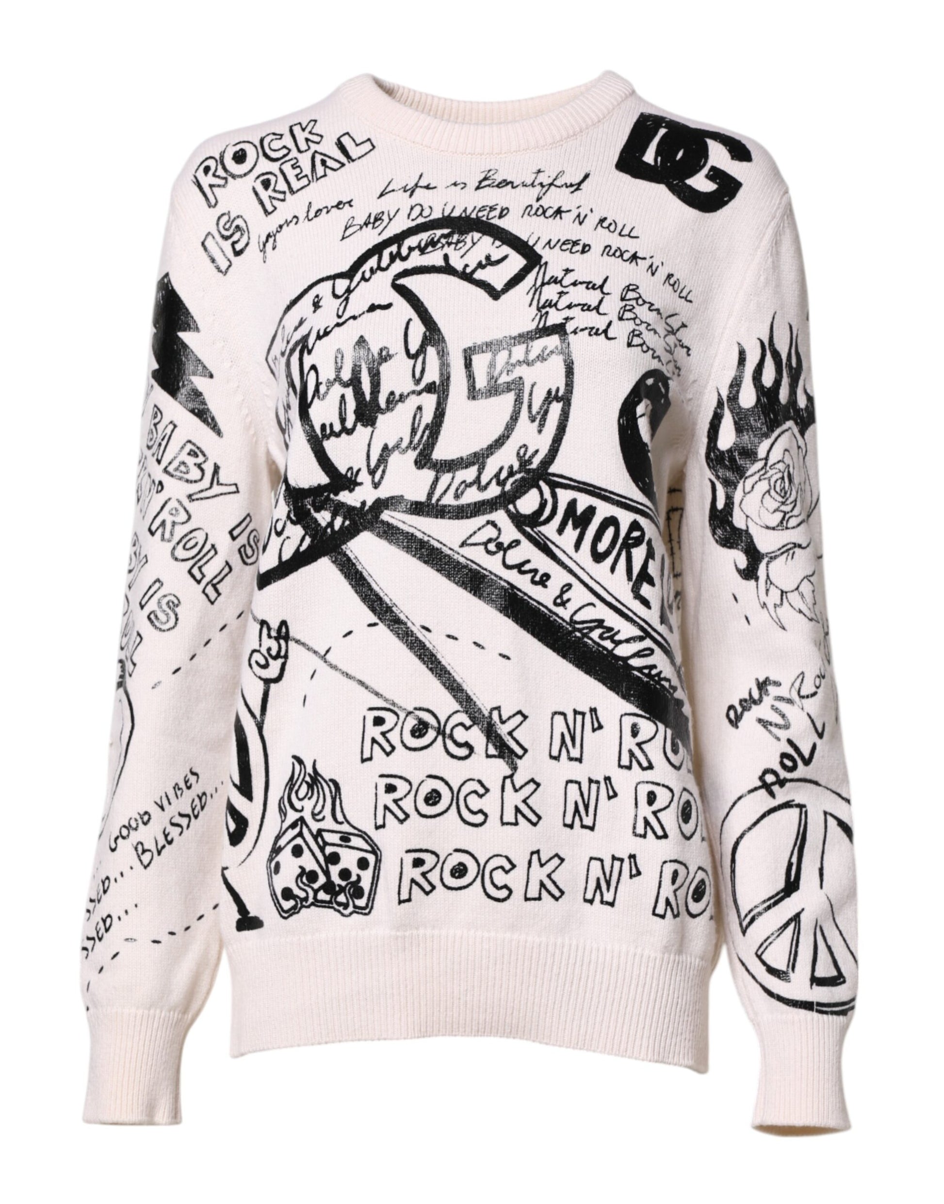 Dolce & Gabbana White Black Logo Print Women Pullover Sweater