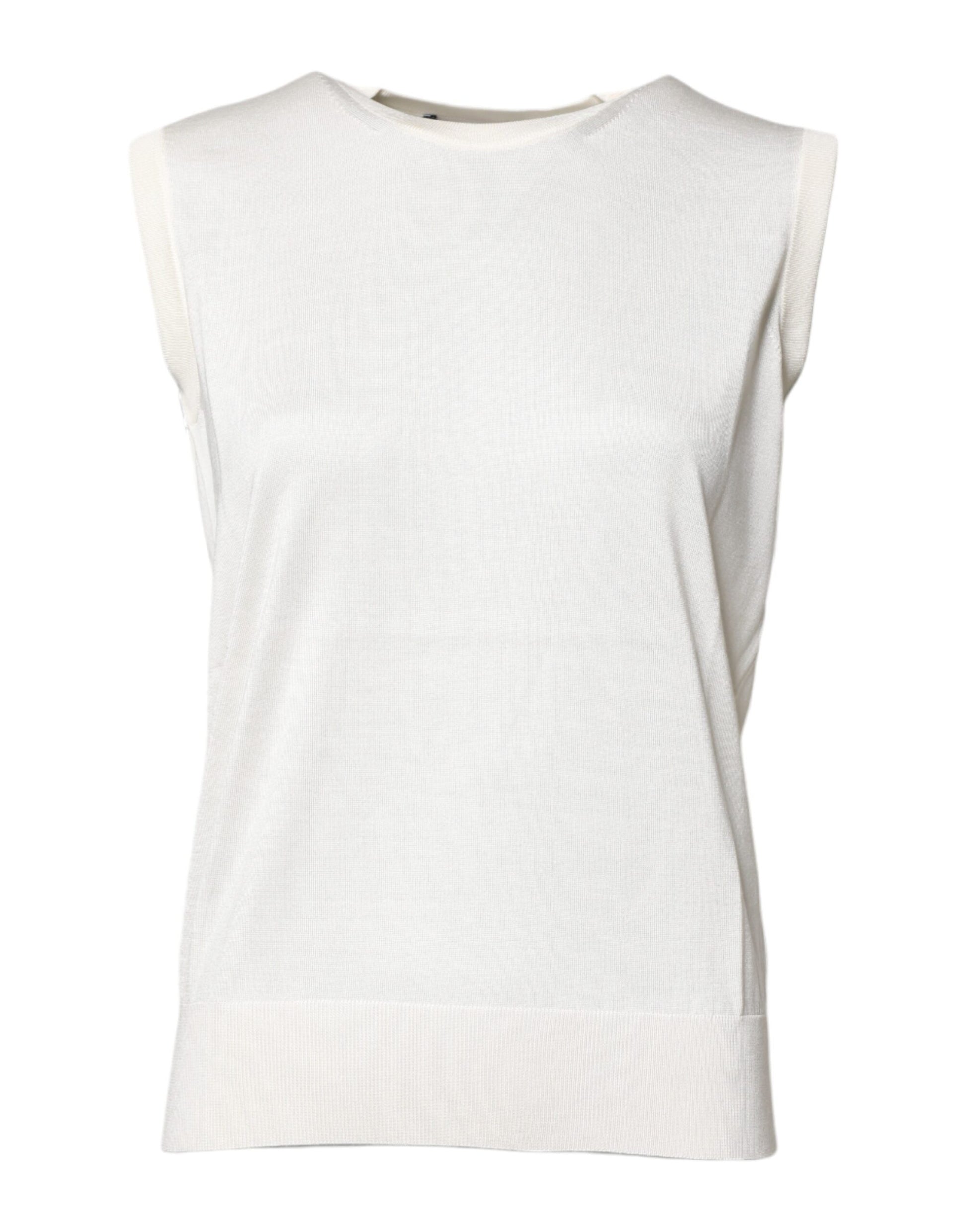 Weißes, ärmelloses Tanktop aus Seide mit Rundhalsausschnitt