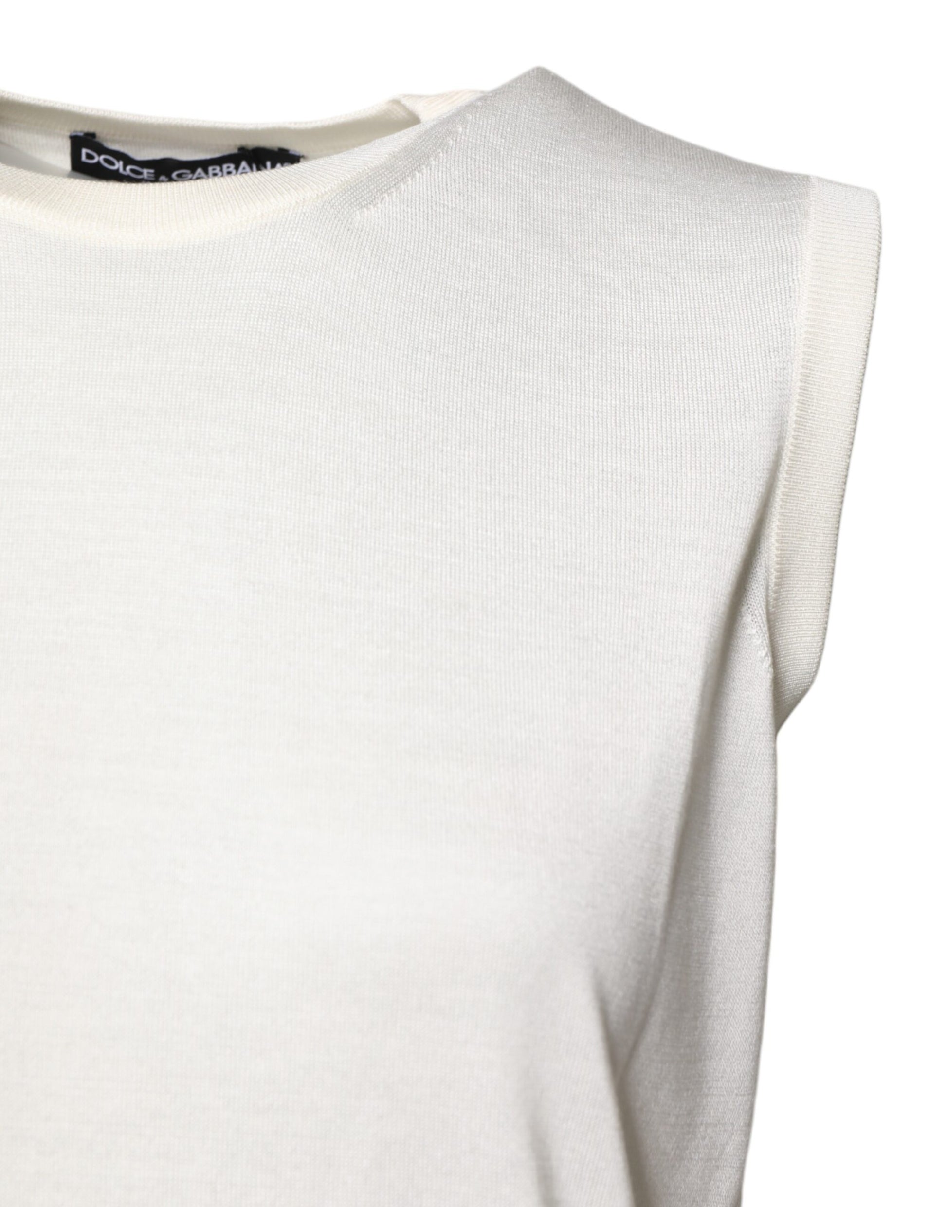 Weißes, ärmelloses Tanktop aus Seide mit Rundhalsausschnitt