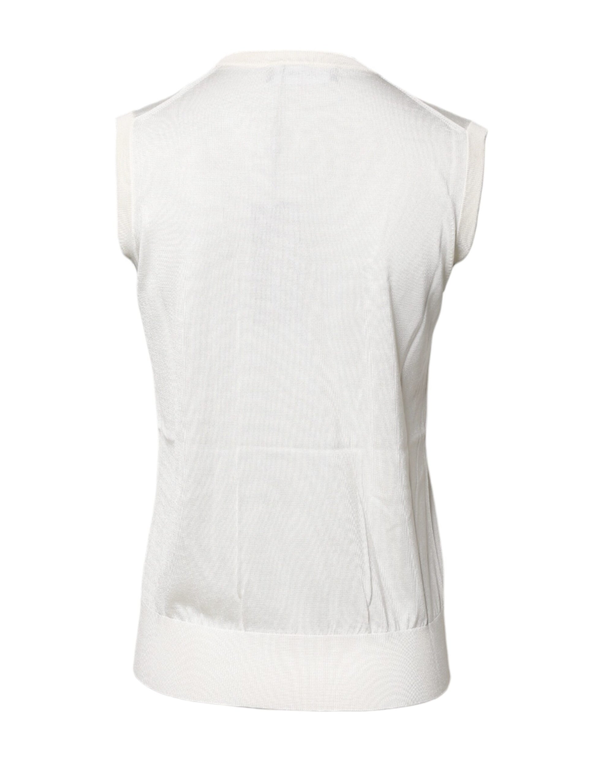 Weißes, ärmelloses Tanktop aus Seide mit Rundhalsausschnitt