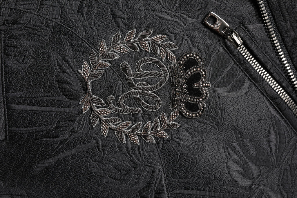 Schwarze Bikerjacke aus Brokat-Baumwolle mit durchgehendem Reißverschluss