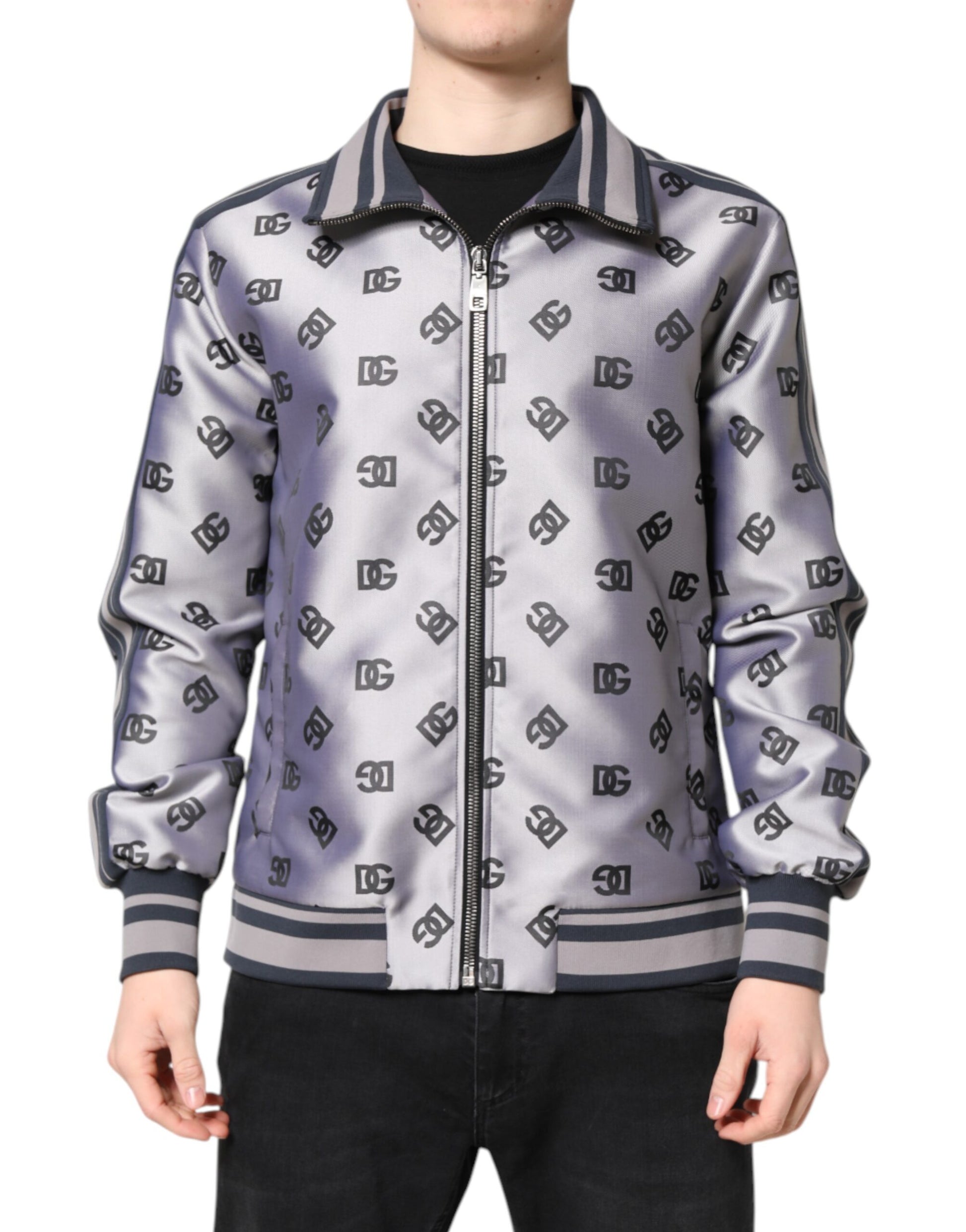 Graue Bomberjacke mit durchgehendem Reißverschluss und Logo-Monogramm