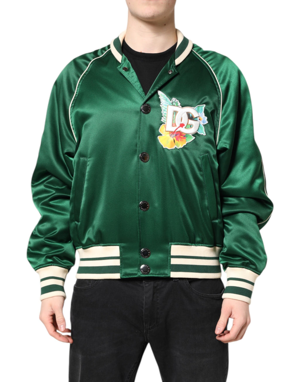 Grüne Bomberjacke mit durchgehendem Reißverschluss und DG-Logo