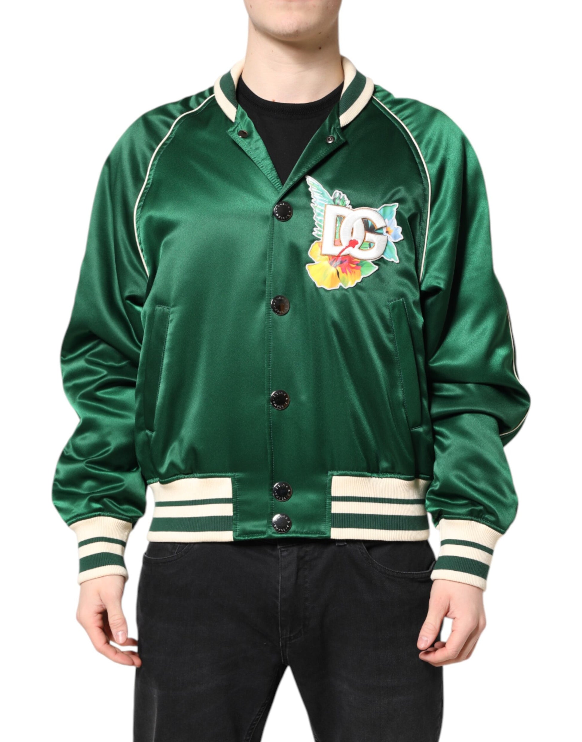 Grüne Bomberjacke mit durchgehendem Reißverschluss und DG-Logo