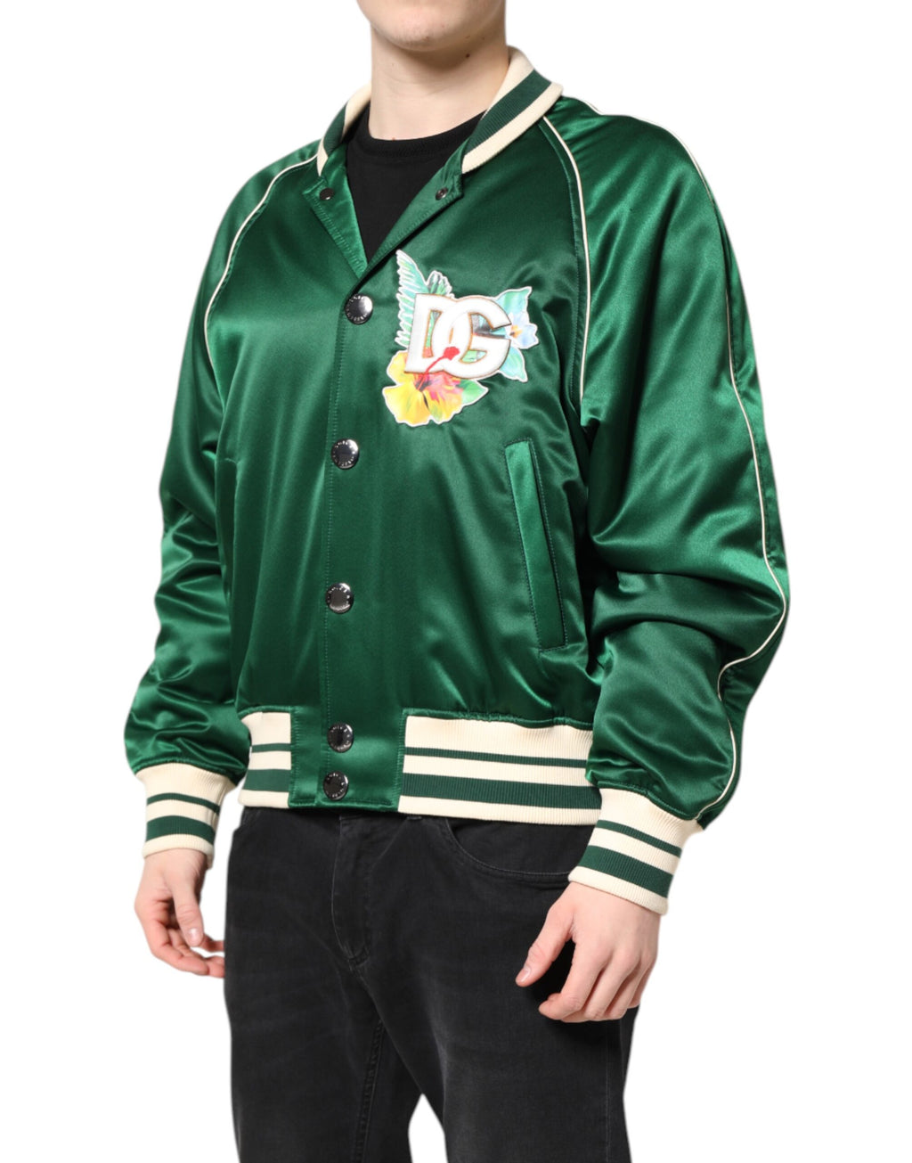 Grüne Bomberjacke mit durchgehendem Reißverschluss und DG-Logo