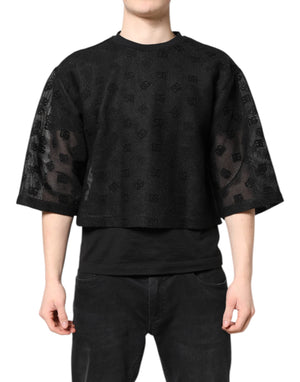 Schwarzes, durchsichtiges T-Shirt mit kurzen Ärmeln und Logo