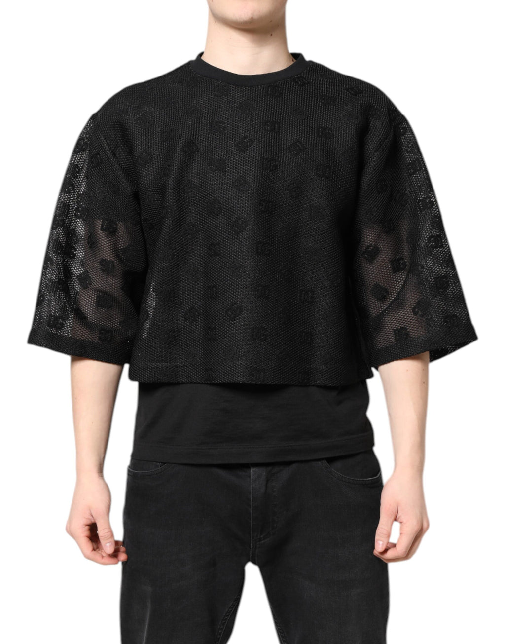 Schwarzes, durchsichtiges T-Shirt mit kurzen Ärmeln und Logo