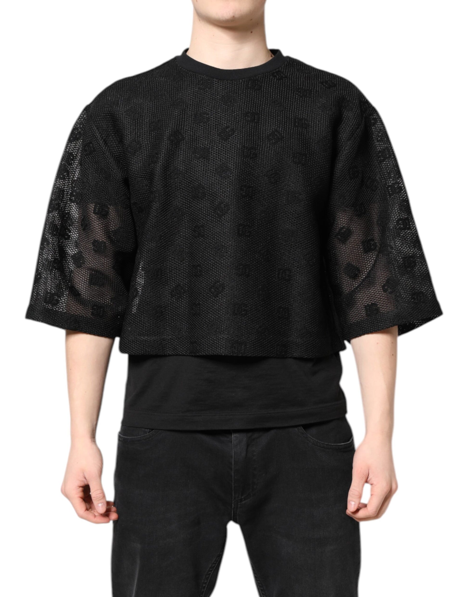 Schwarzes, durchsichtiges T-Shirt mit kurzen Ärmeln und Logo