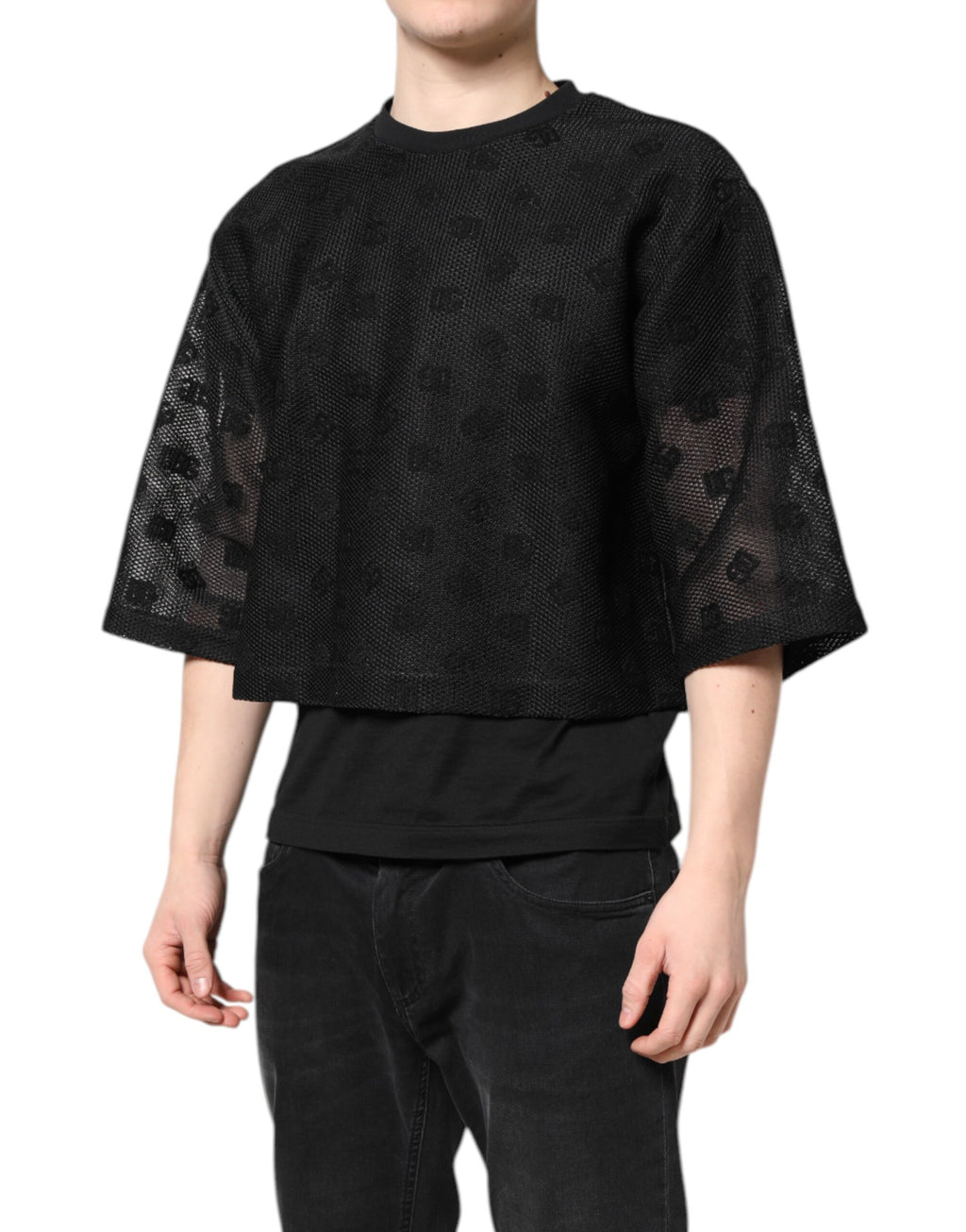 Schwarzes, durchsichtiges T-Shirt mit kurzen Ärmeln und Logo