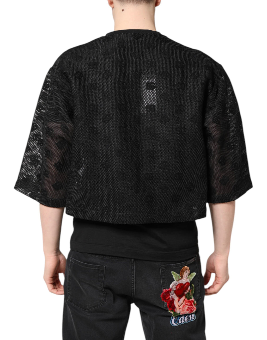 Schwarzes, durchsichtiges T-Shirt mit kurzen Ärmeln und Logo