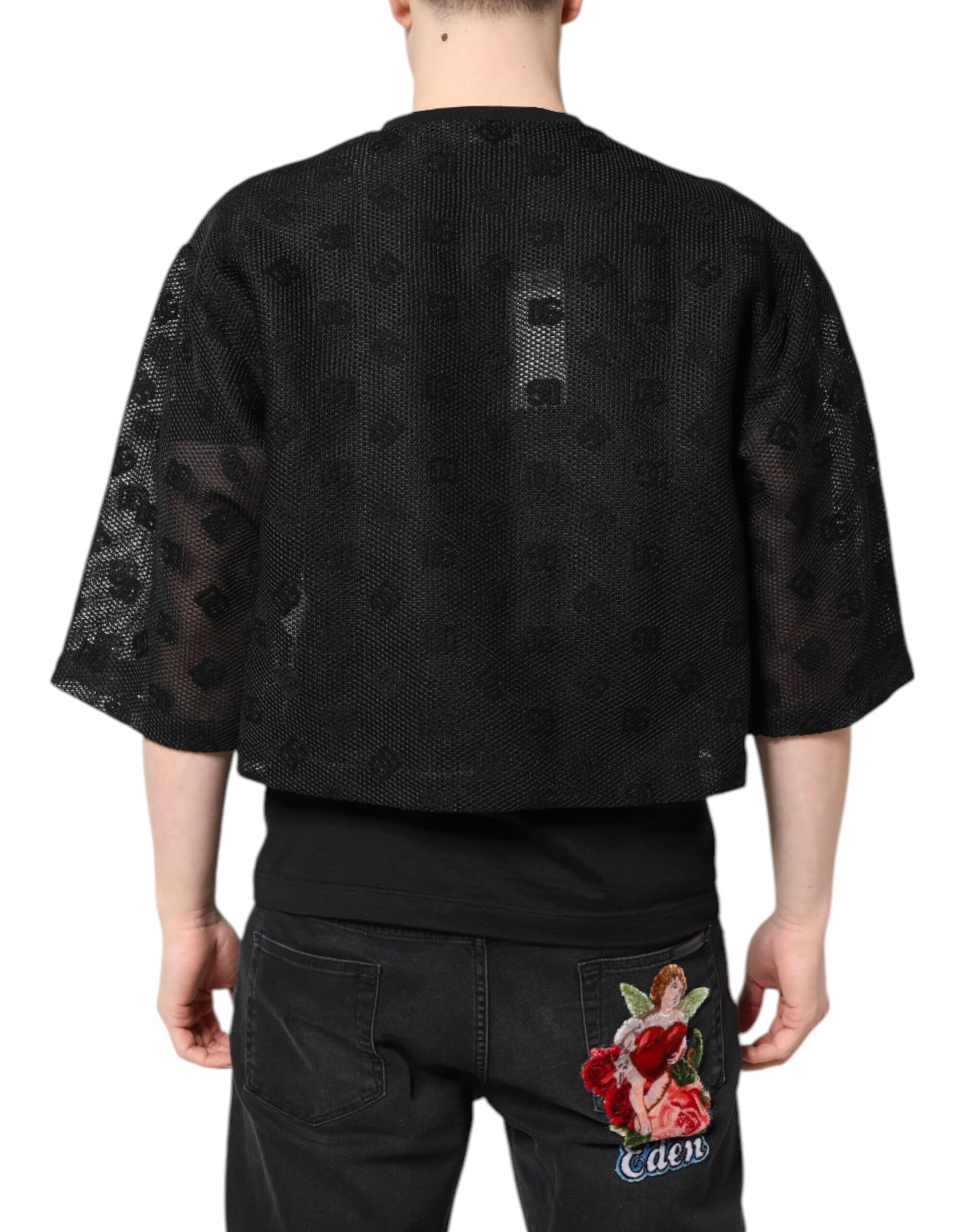 Schwarzes, durchsichtiges T-Shirt mit kurzen Ärmeln und Logo