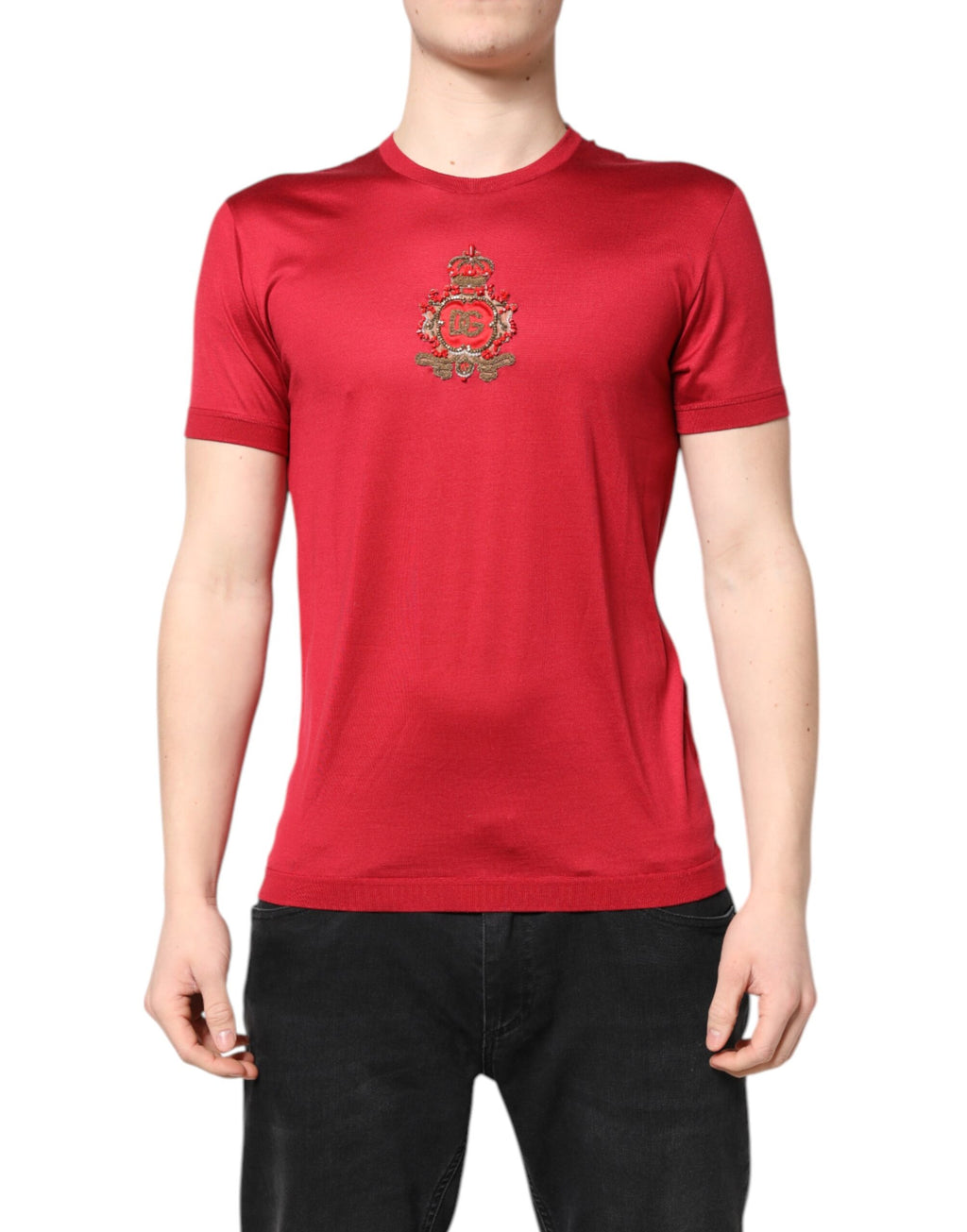 Rotes Seiden-T-Shirt mit DG Crown-Logo und kurzen Ärmeln