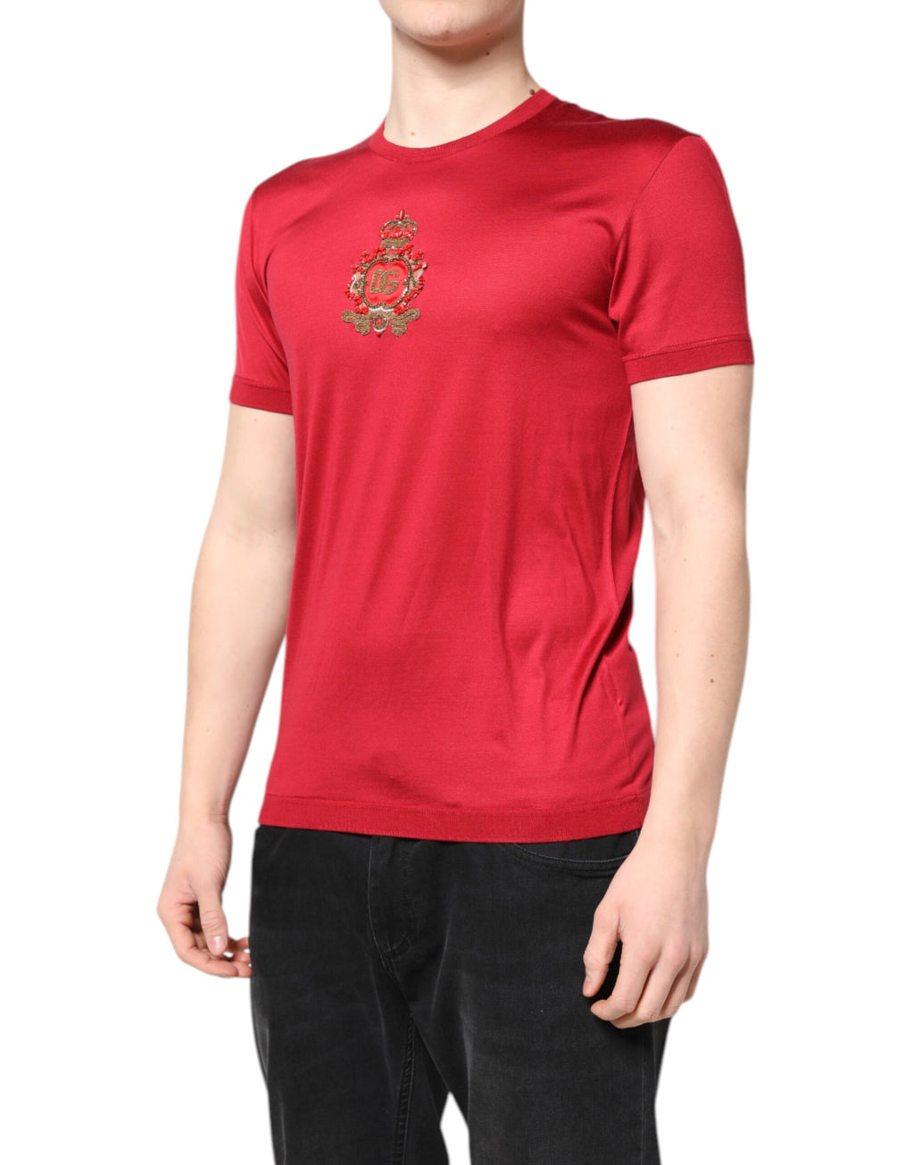Rotes Seiden-T-Shirt mit DG Crown-Logo und kurzen Ärmeln