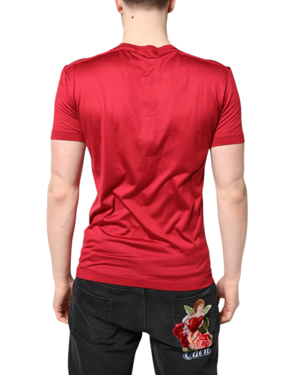 Rotes Seiden-T-Shirt mit DG Crown-Logo und kurzen Ärmeln
