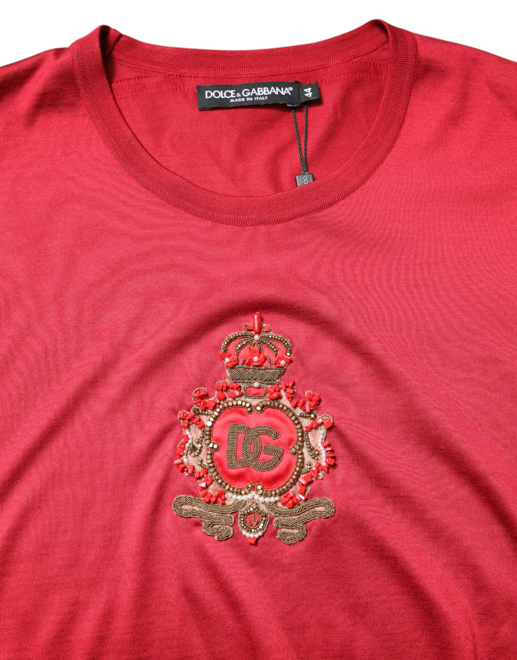 Rotes Seiden-T-Shirt mit DG Crown-Logo und kurzen Ärmeln