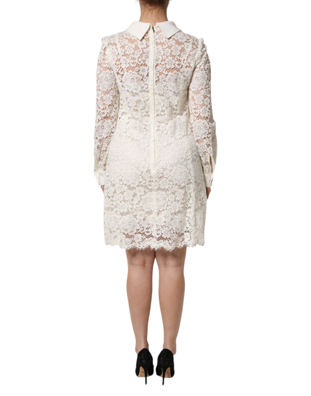 Dolce & Gabbana White Floral Lace Long Sleeves Shift Dress