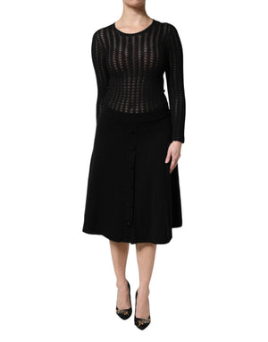 Schwarzes, langärmliges A-Linien-Midikleid aus Kaschmir