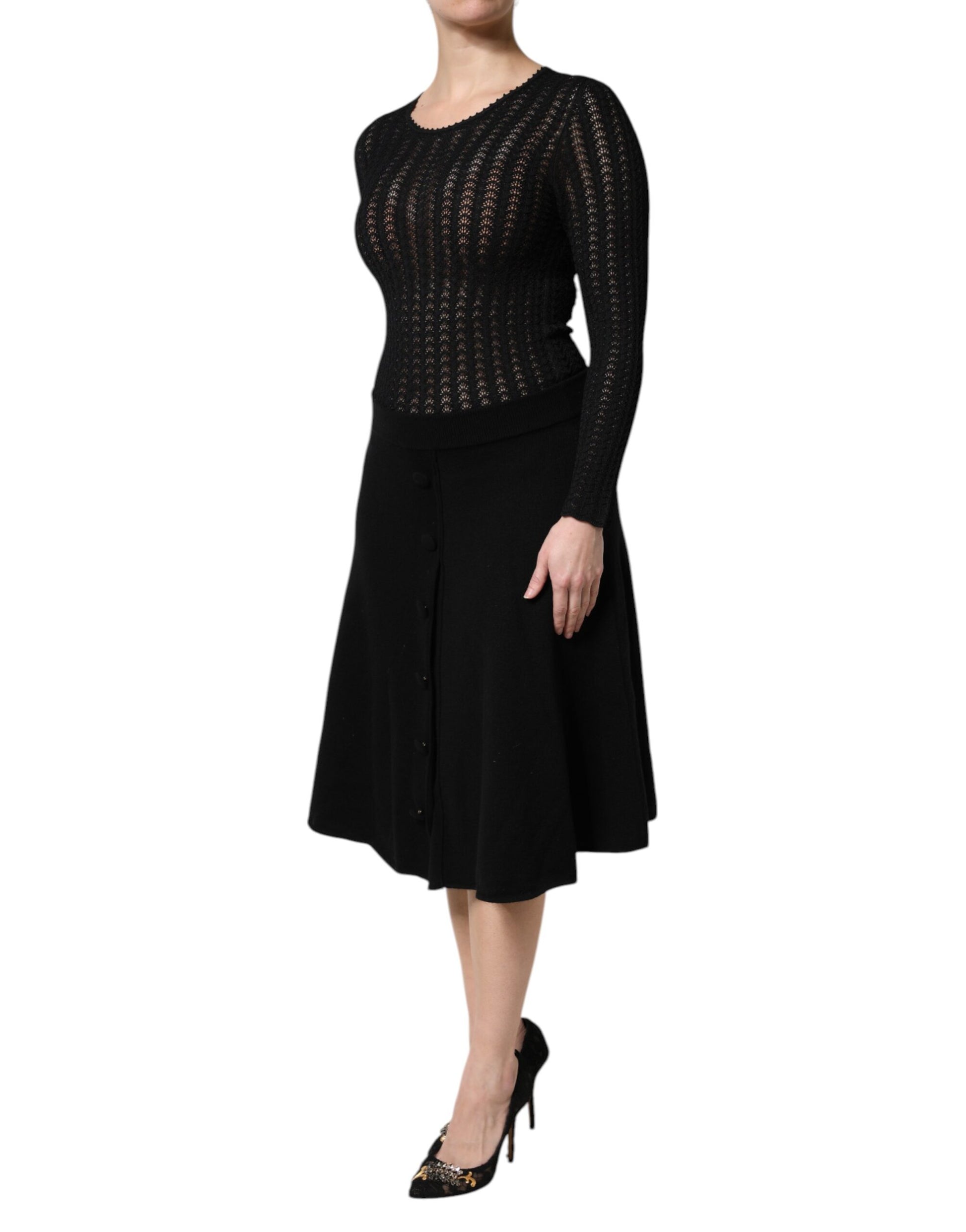 Schwarzes, langärmliges A-Linien-Midikleid aus Kaschmir