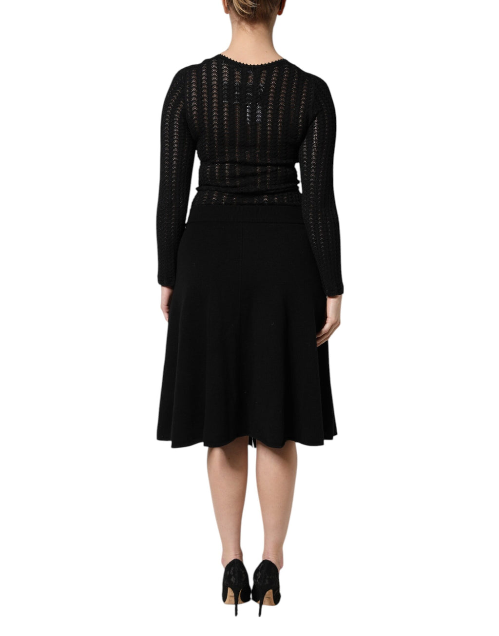 Schwarzes, langärmliges A-Linien-Midikleid aus Kaschmir