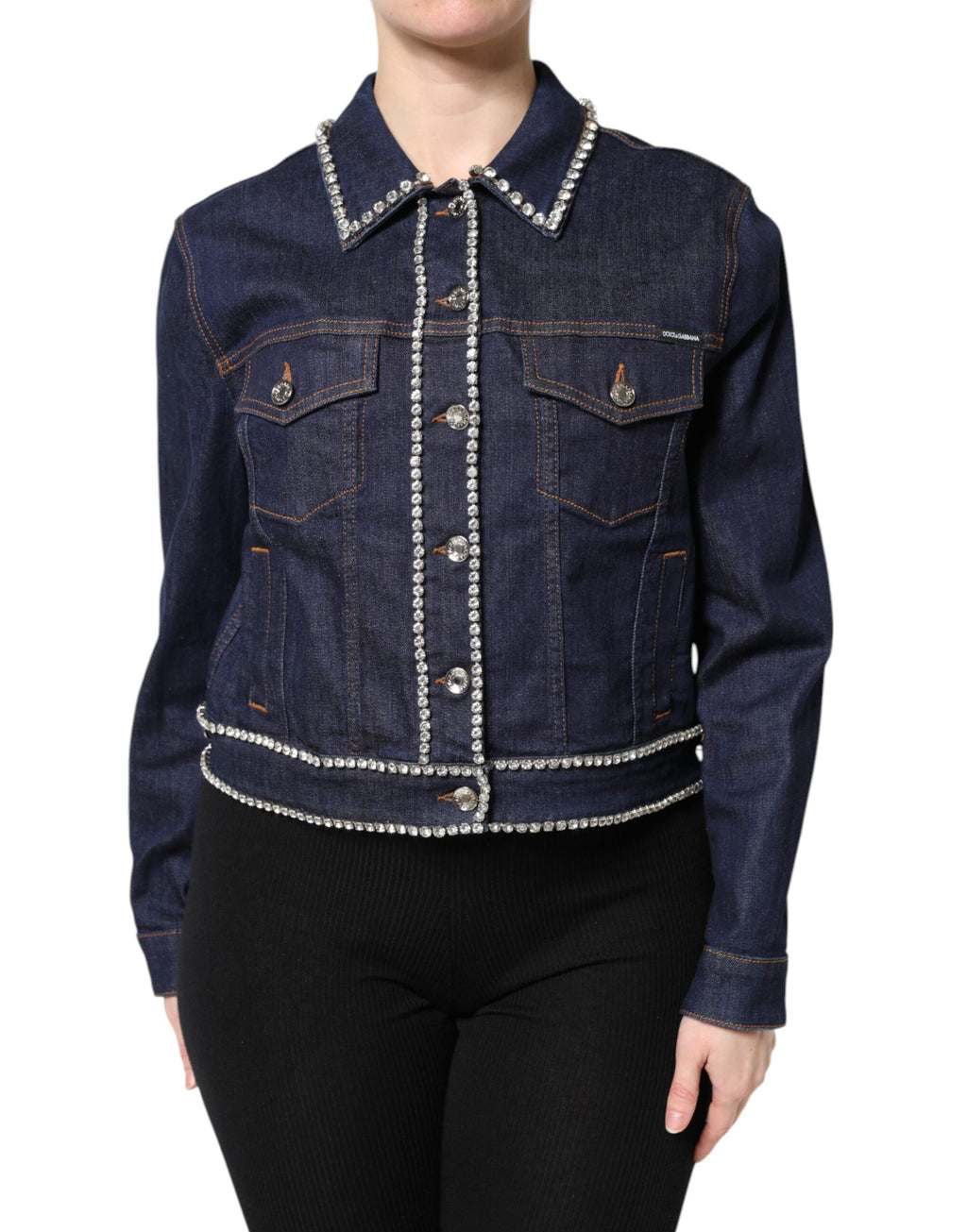 Blaue Denim-Baumwolljacke mit Kristallverzierung