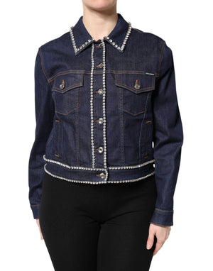 Blaue Denim-Baumwolljacke mit Kristallverzierung