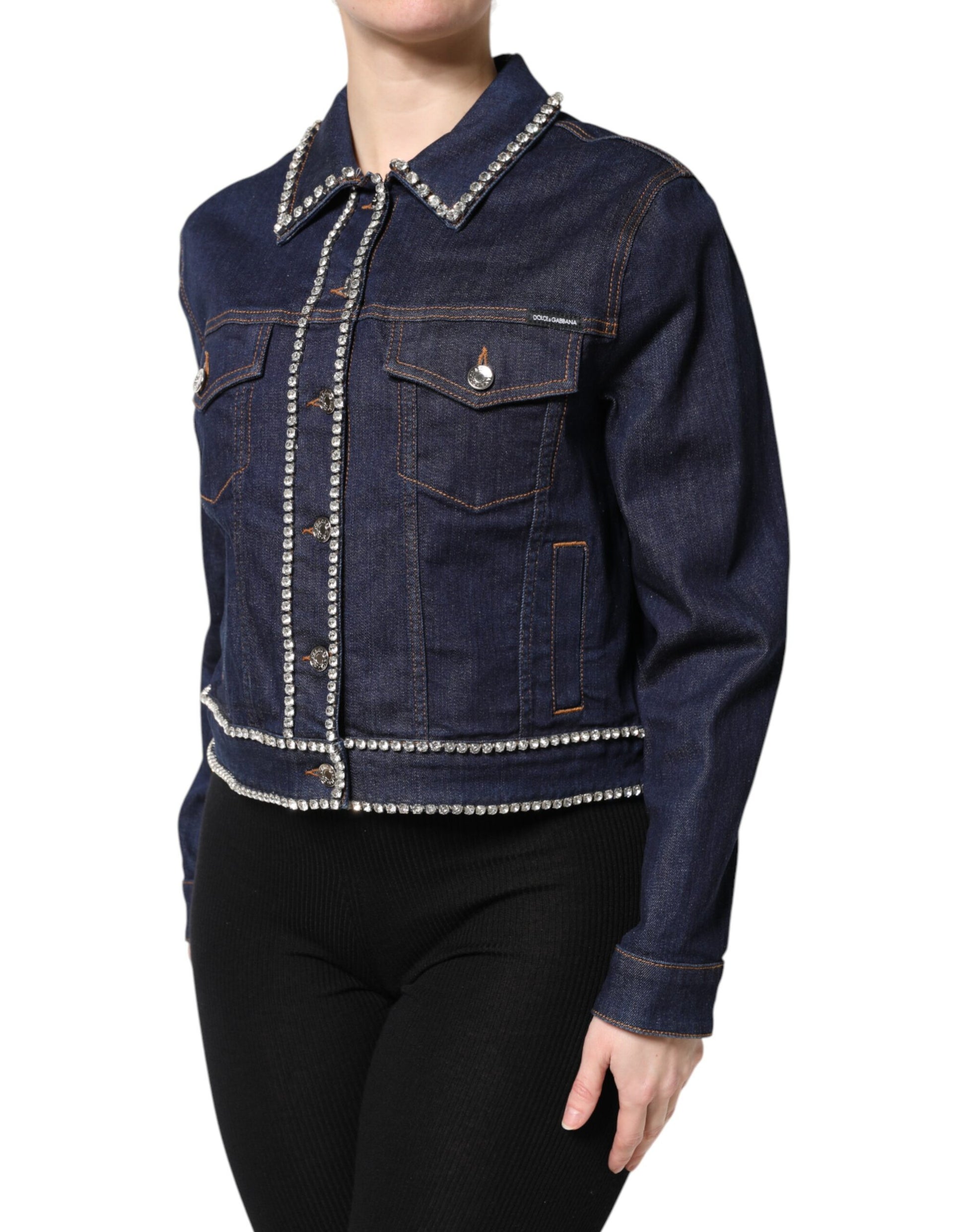 Blaue Denim-Baumwolljacke mit Kristallverzierung