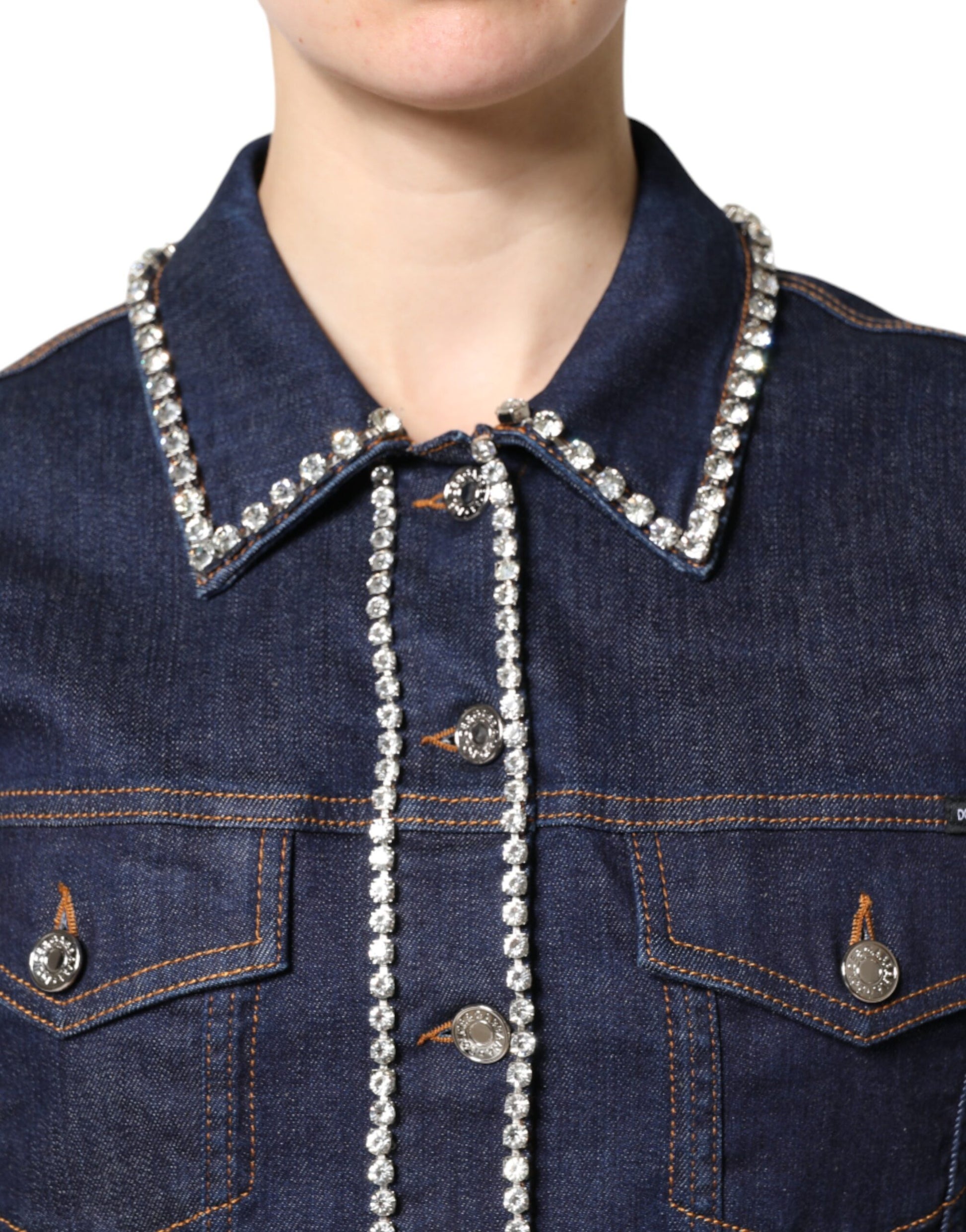 Blaue Denim-Baumwolljacke mit Kristallverzierung