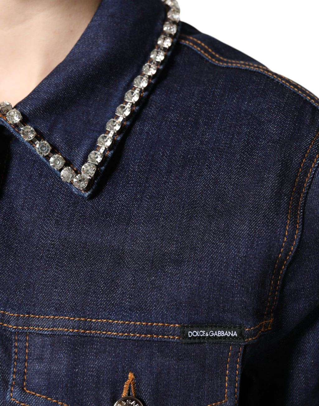 Blaue Denim-Baumwolljacke mit Kristallverzierung