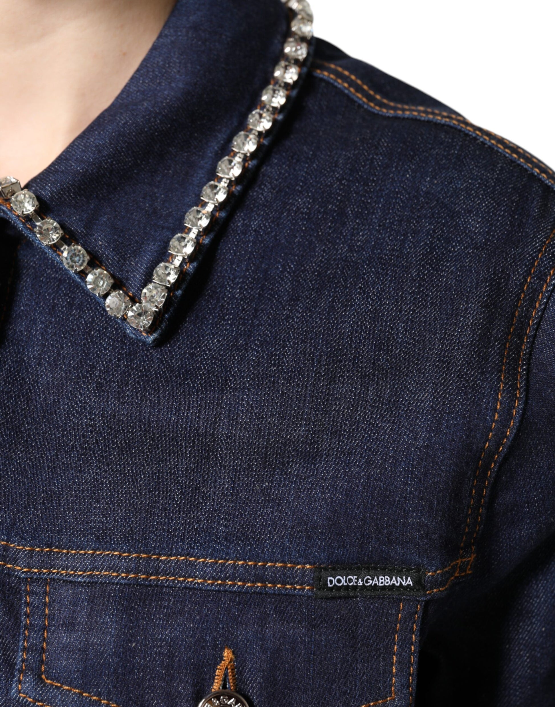 Blaue Denim-Baumwolljacke mit Kristallverzierung
