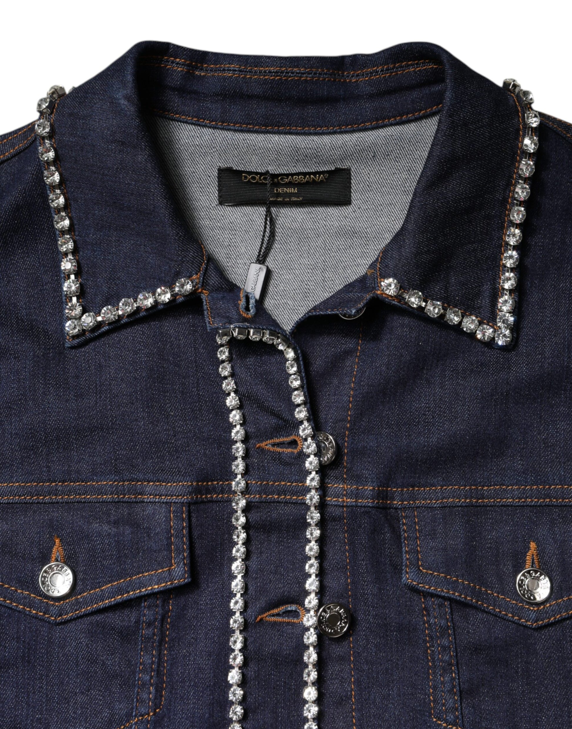Blaue Denim-Baumwolljacke mit Kristallverzierung