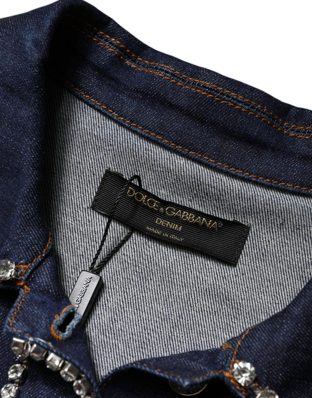 Blaue Denim-Baumwolljacke mit Kristallverzierung