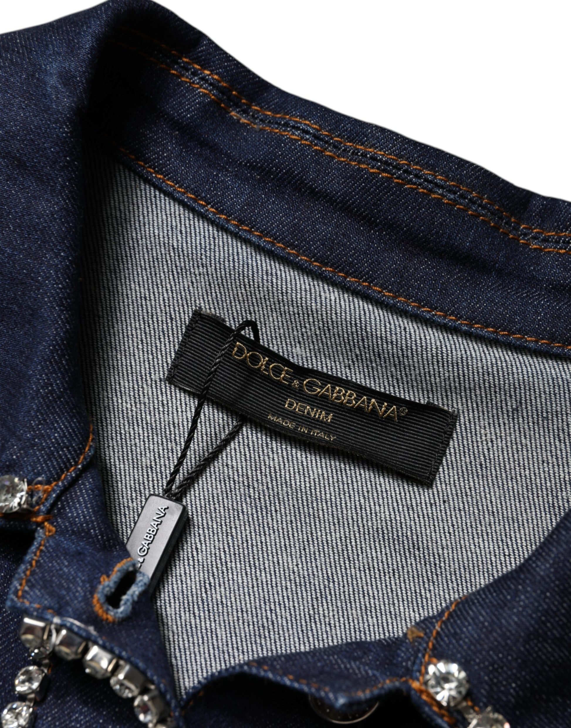 Blaue Denim-Baumwolljacke mit Kristallverzierung