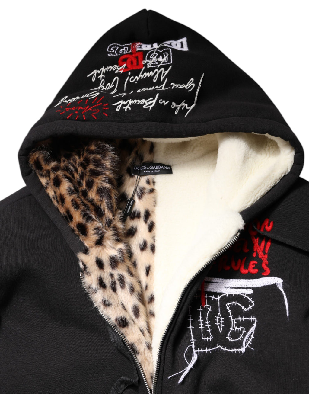 Schwarze, bestickte Kapuzenjacke mit durchgehendem Reißverschluss
