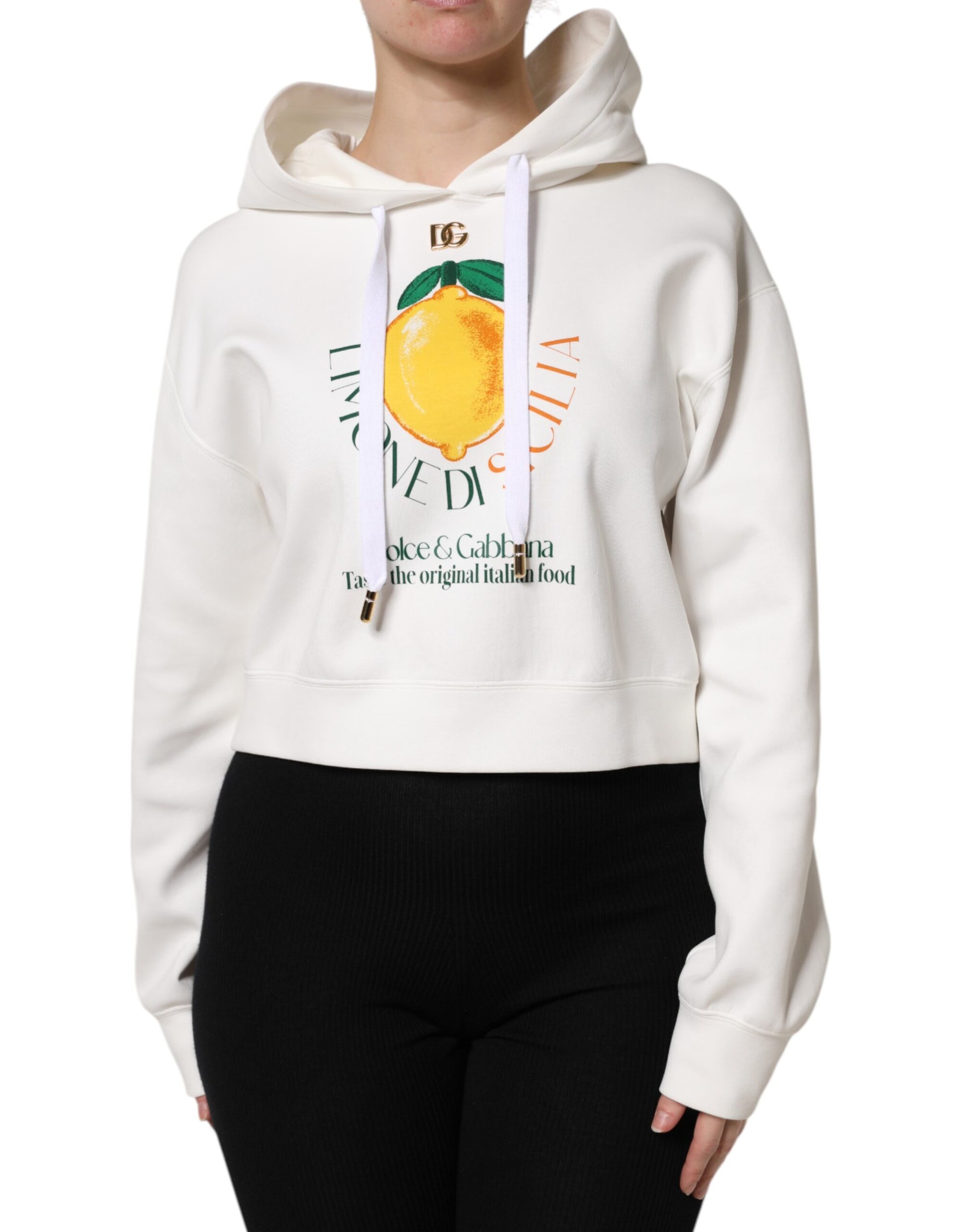 Elfenbeinfarbener Kapuzenpullover aus bedruckter Baumwolle