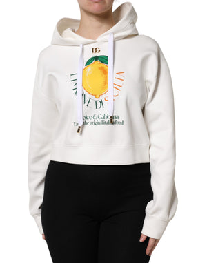Elfenbeinfarbener Kapuzenpullover aus bedruckter Baumwolle