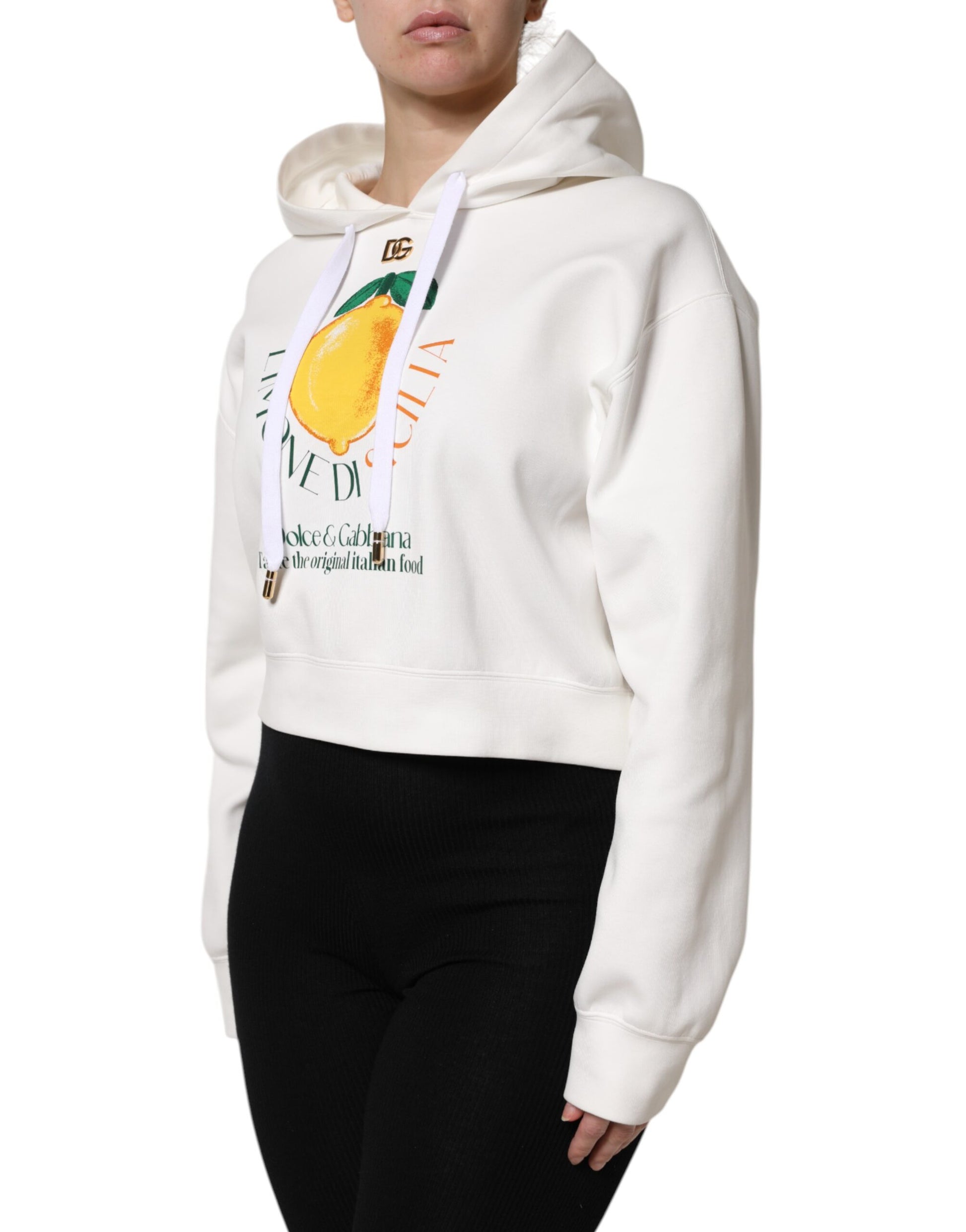 Elfenbeinfarbener Kapuzenpullover aus bedruckter Baumwolle