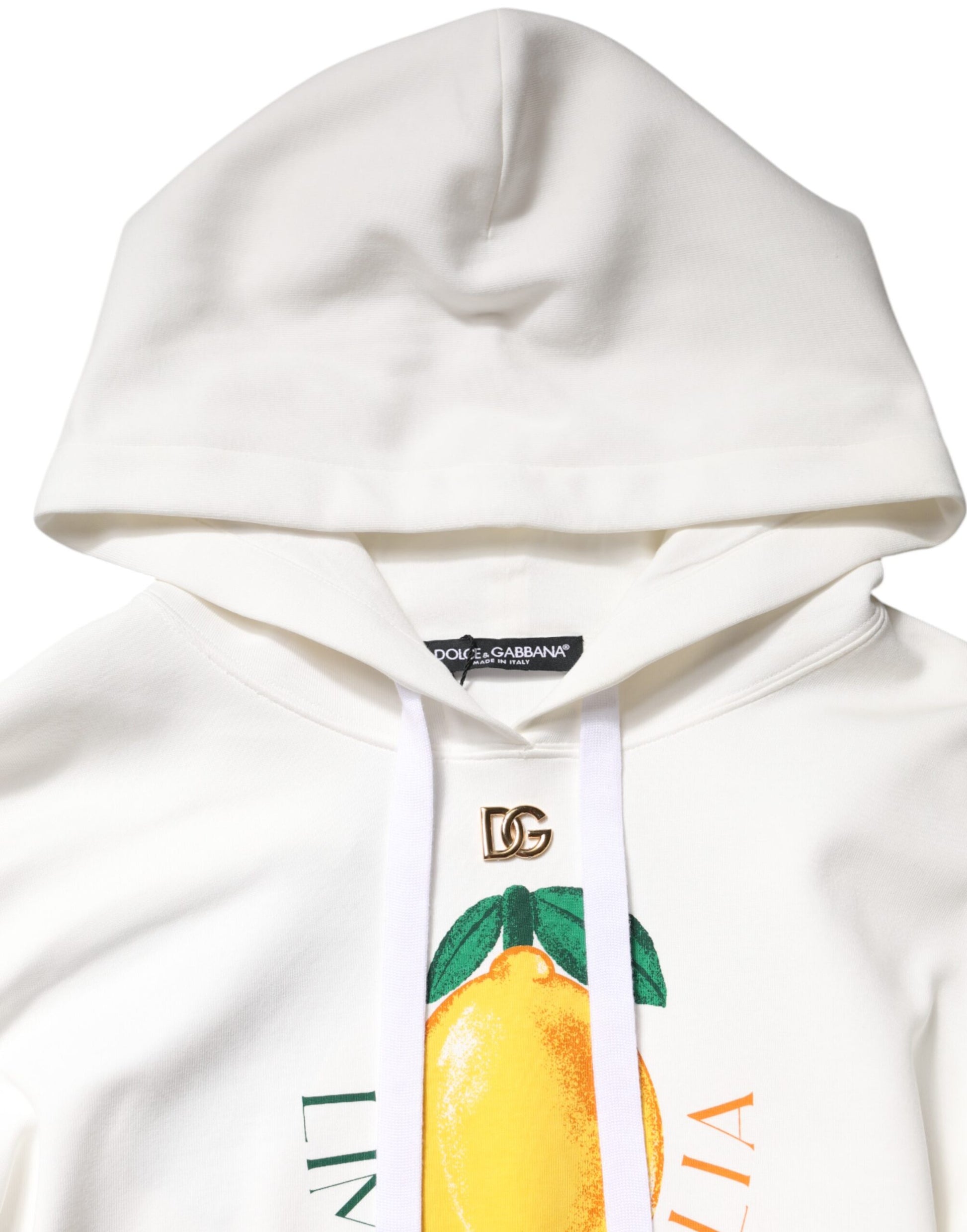 Elfenbeinfarbener Kapuzenpullover aus bedruckter Baumwolle