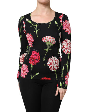 Schwarzes, langärmliges Blusentop mit Blumenmuster für Damen