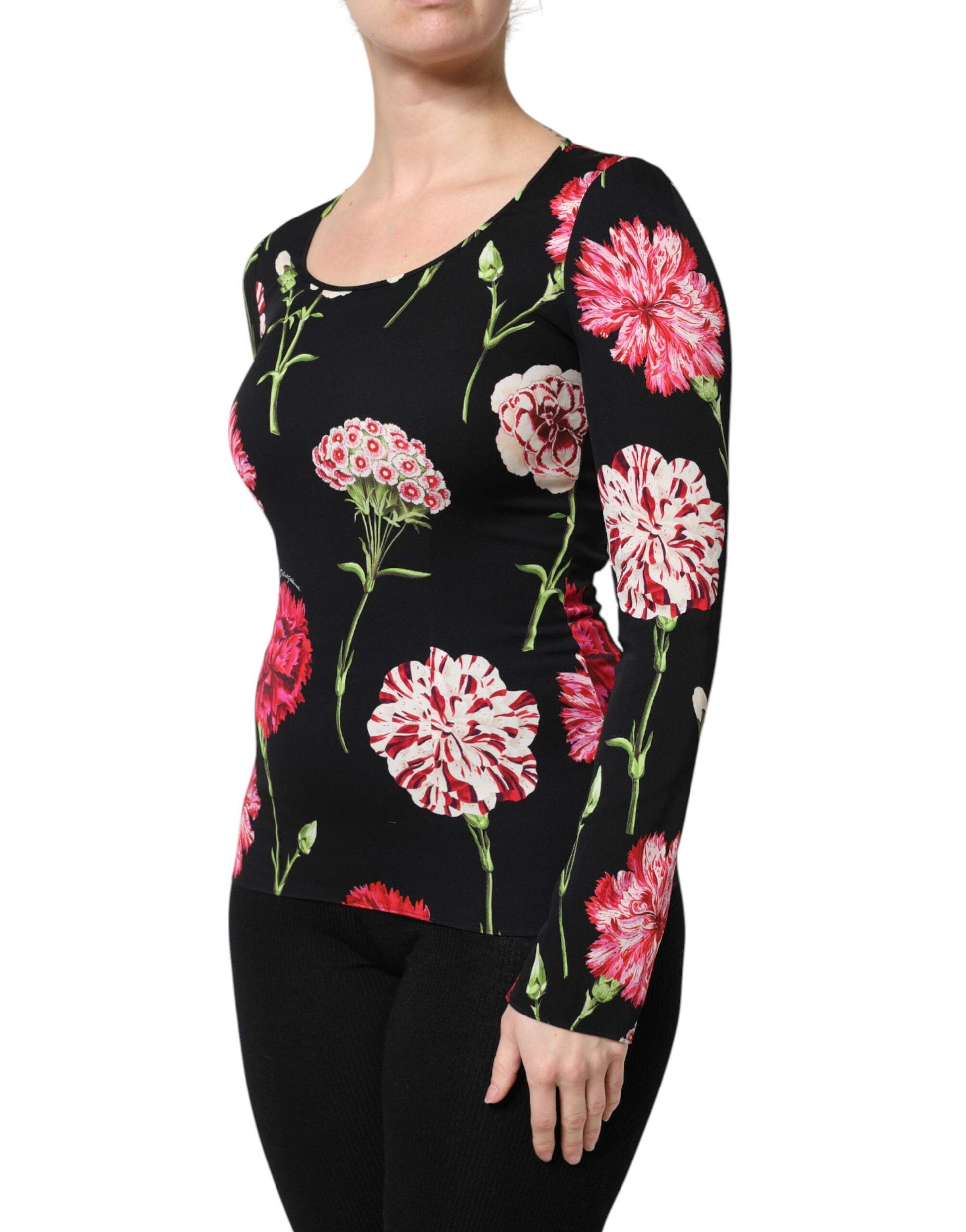 Schwarzes, langärmliges Blusentop mit Blumenmuster für Damen