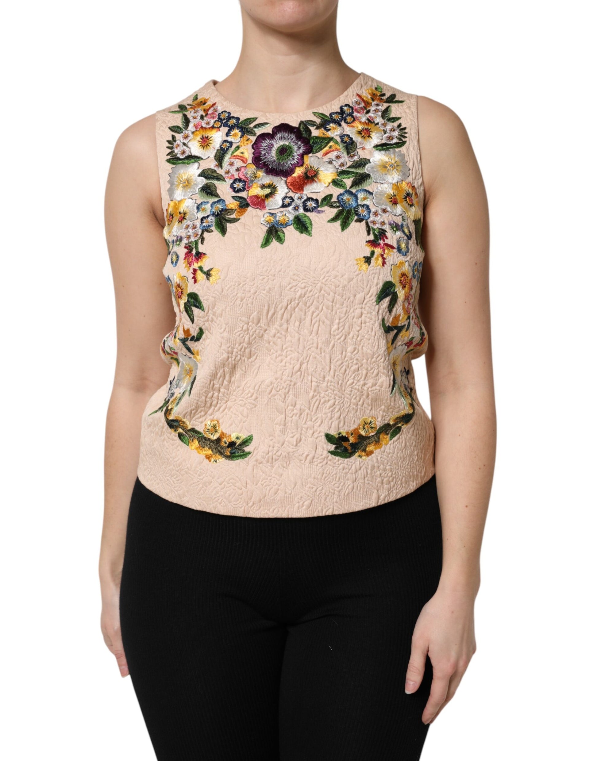 Beiges ärmelloses Tanktop mit Blumenstickerei