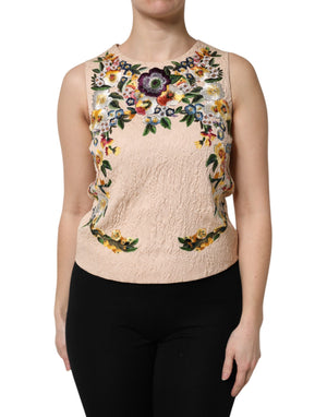 Beiges ärmelloses Tanktop mit Blumenstickerei