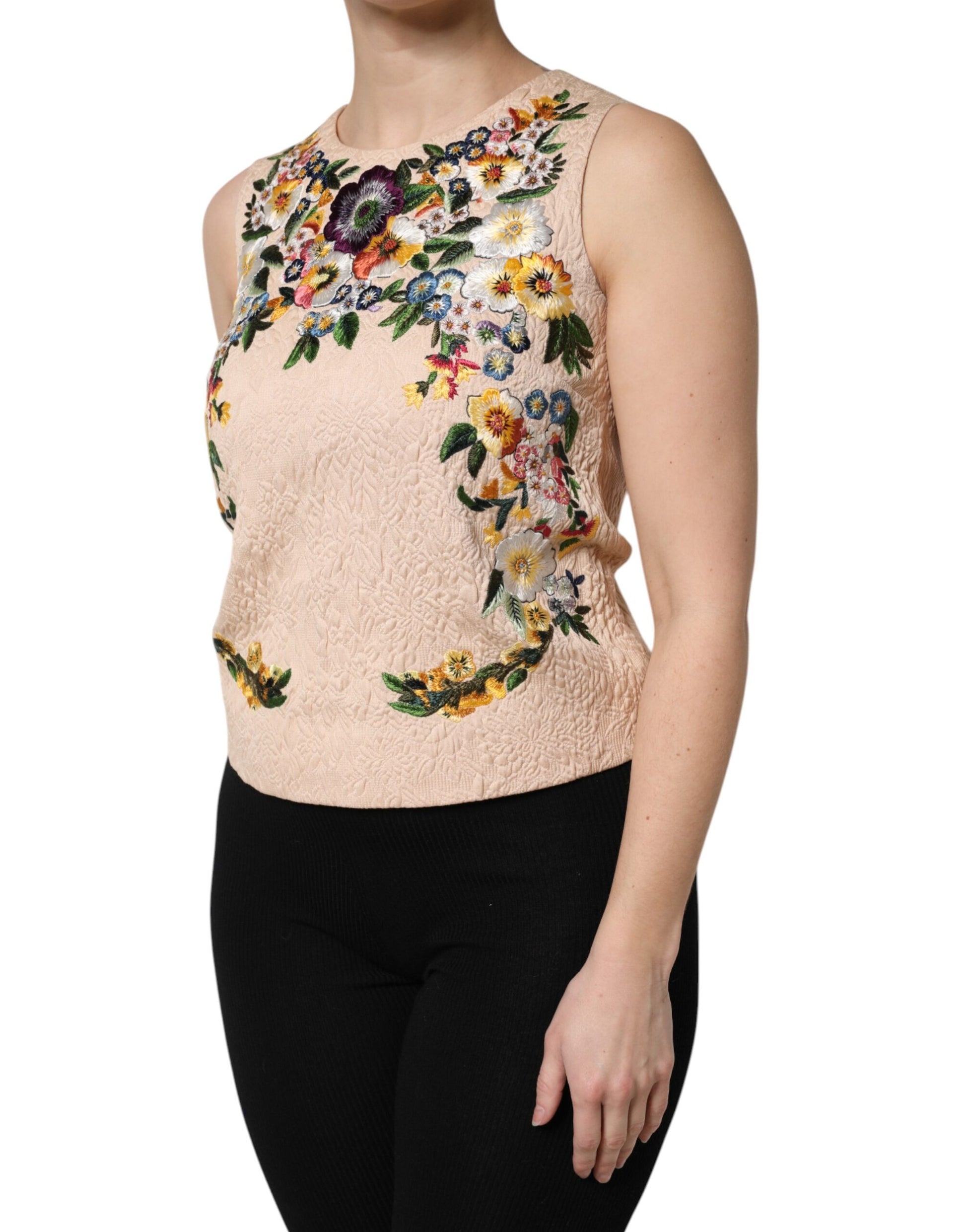 Beiges ärmelloses Tanktop mit Blumenstickerei