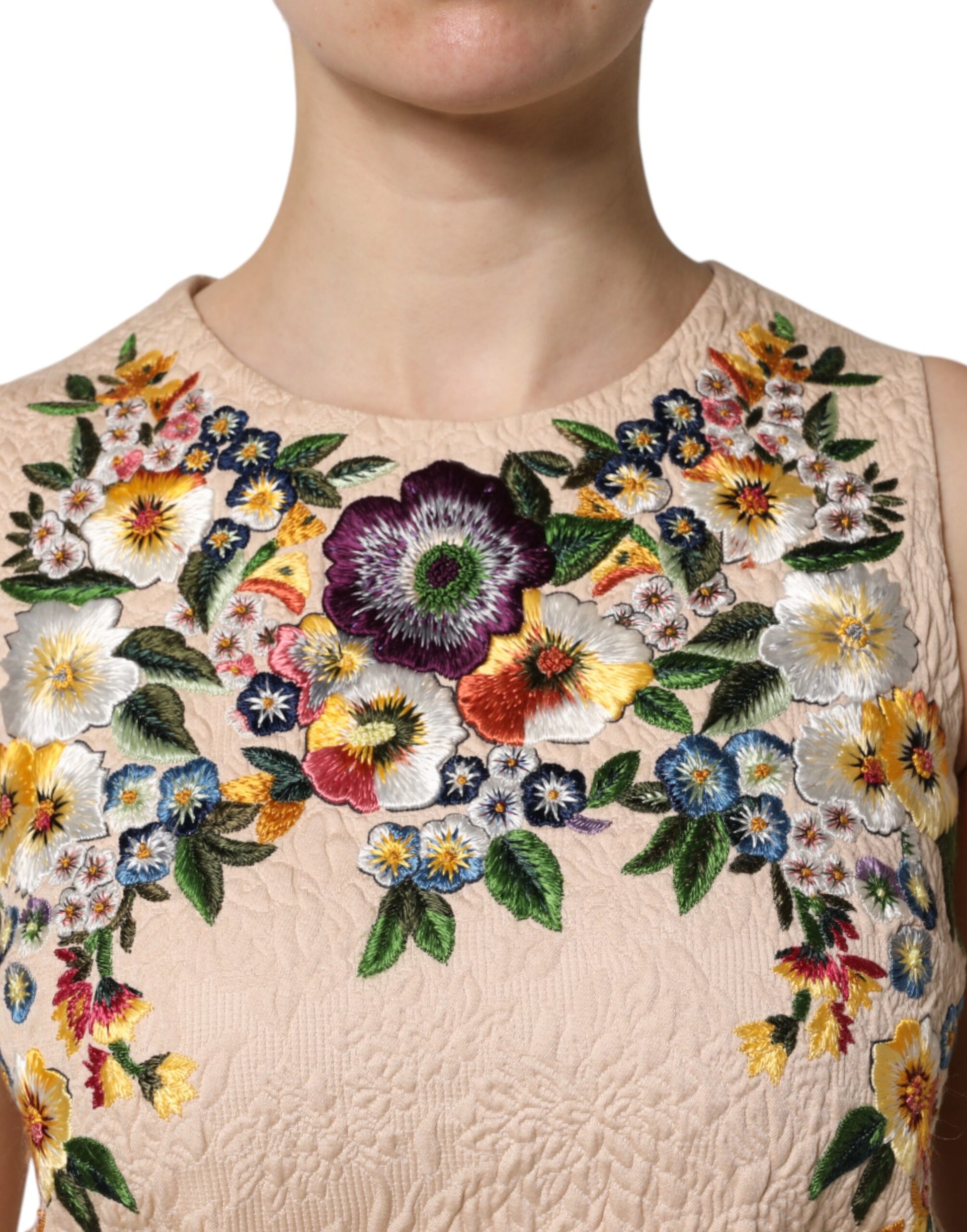 Beiges ärmelloses Tanktop mit Blumenstickerei