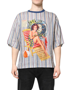 Mehrfarbig gestreiftes Pin-Up-T-Shirt aus Leinen mit Rundhalsausschnitt