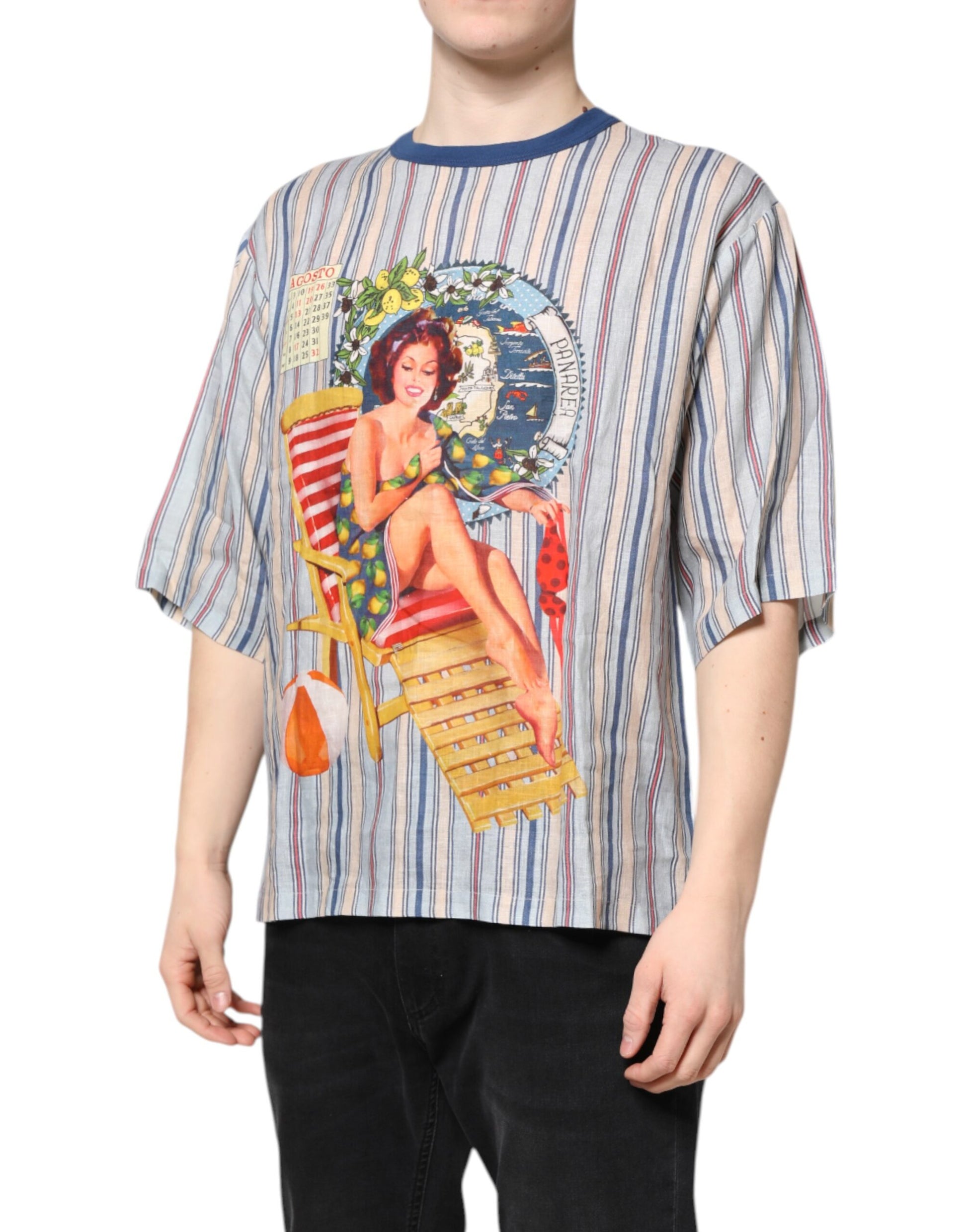 Mehrfarbig gestreiftes Pin-Up-T-Shirt aus Leinen mit Rundhalsausschnitt