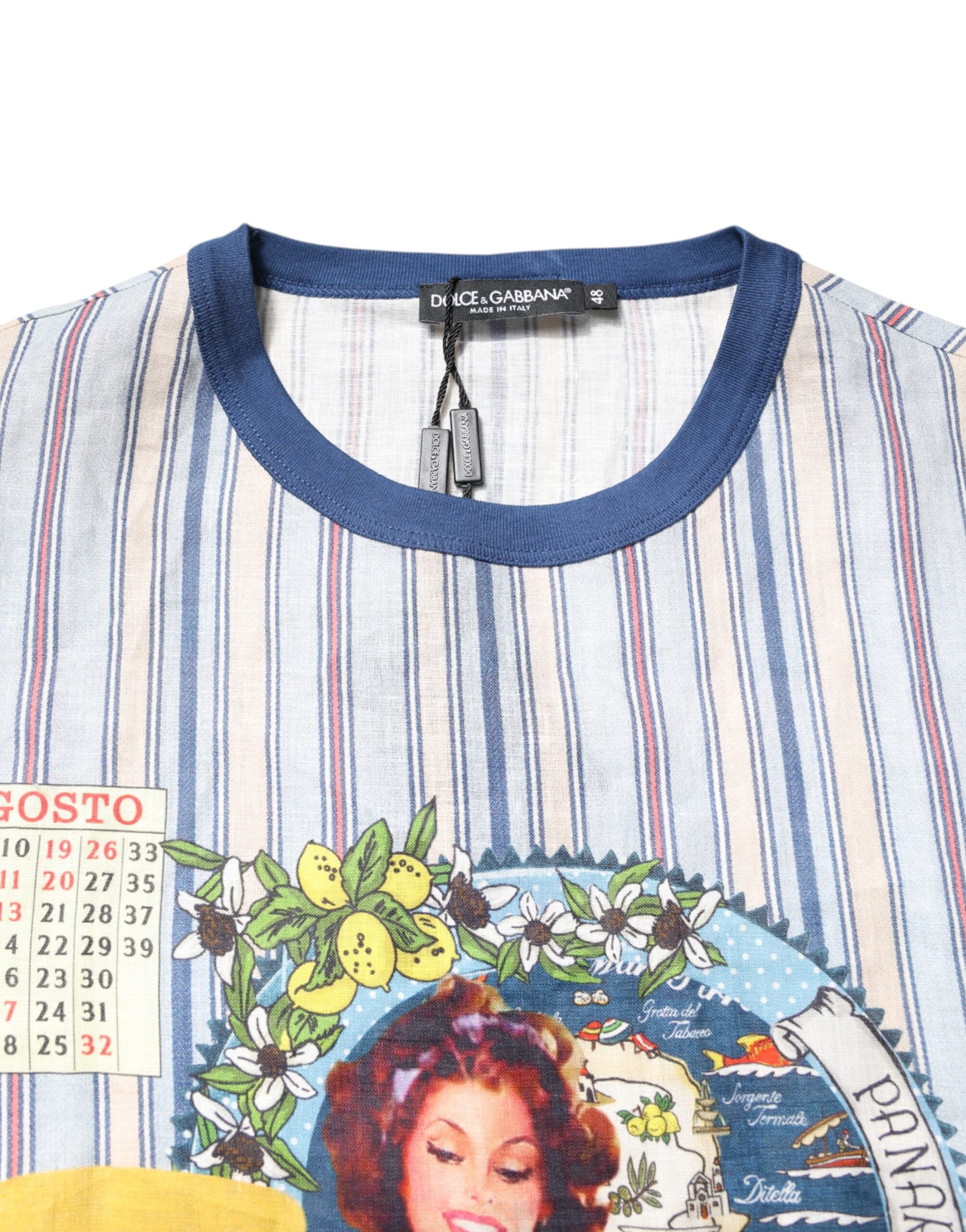 Mehrfarbig gestreiftes Pin-Up-T-Shirt aus Leinen mit Rundhalsausschnitt