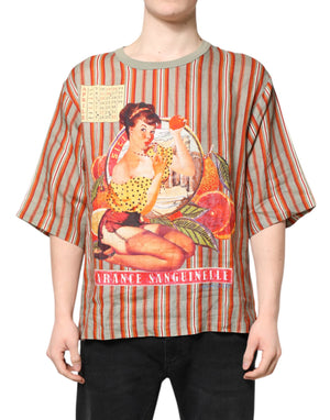 Mehrfarbig gestreiftes grafisches Leinen-T-Shirt mit Rundhalsausschnitt