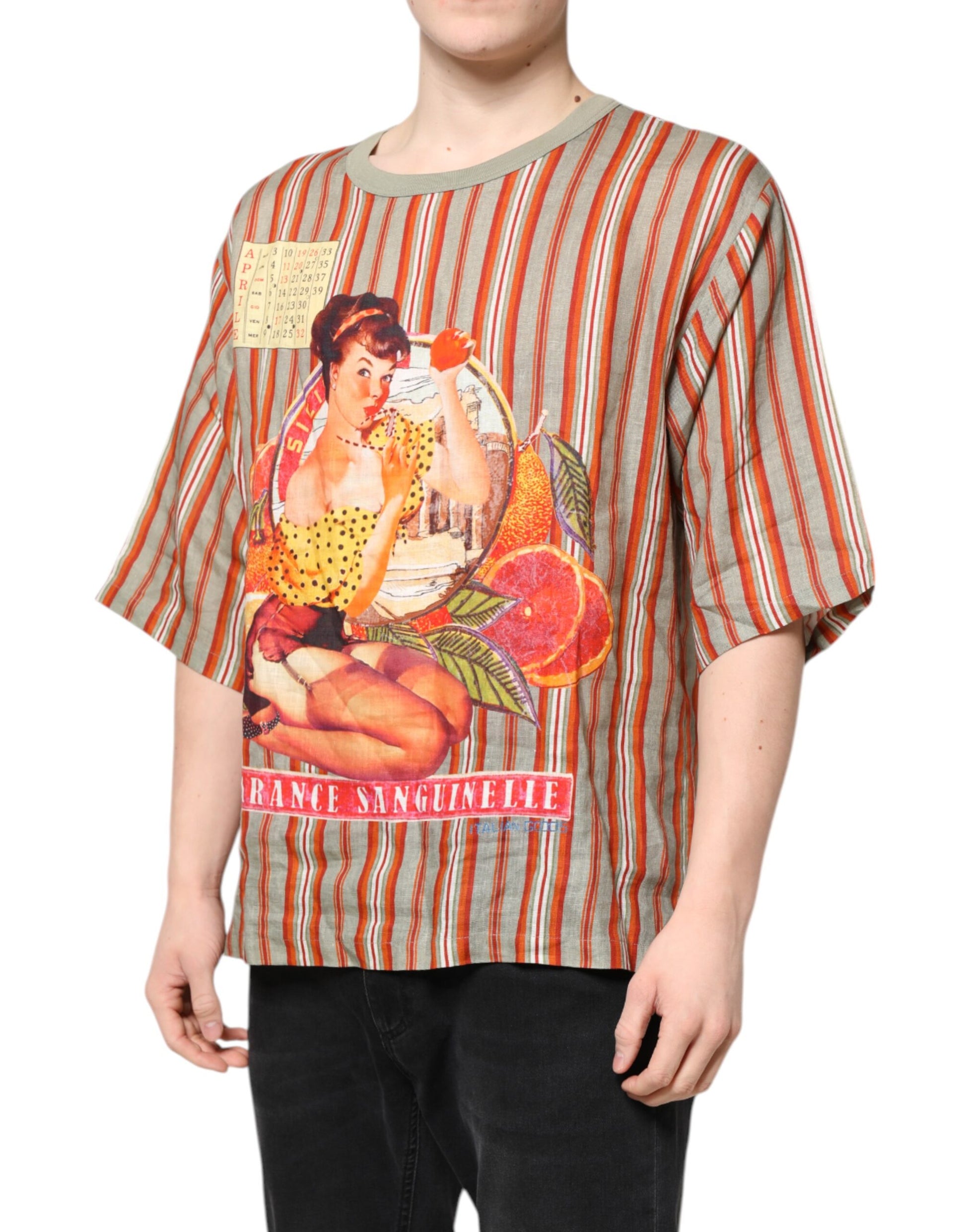 Mehrfarbig gestreiftes grafisches Leinen-T-Shirt mit Rundhalsausschnitt