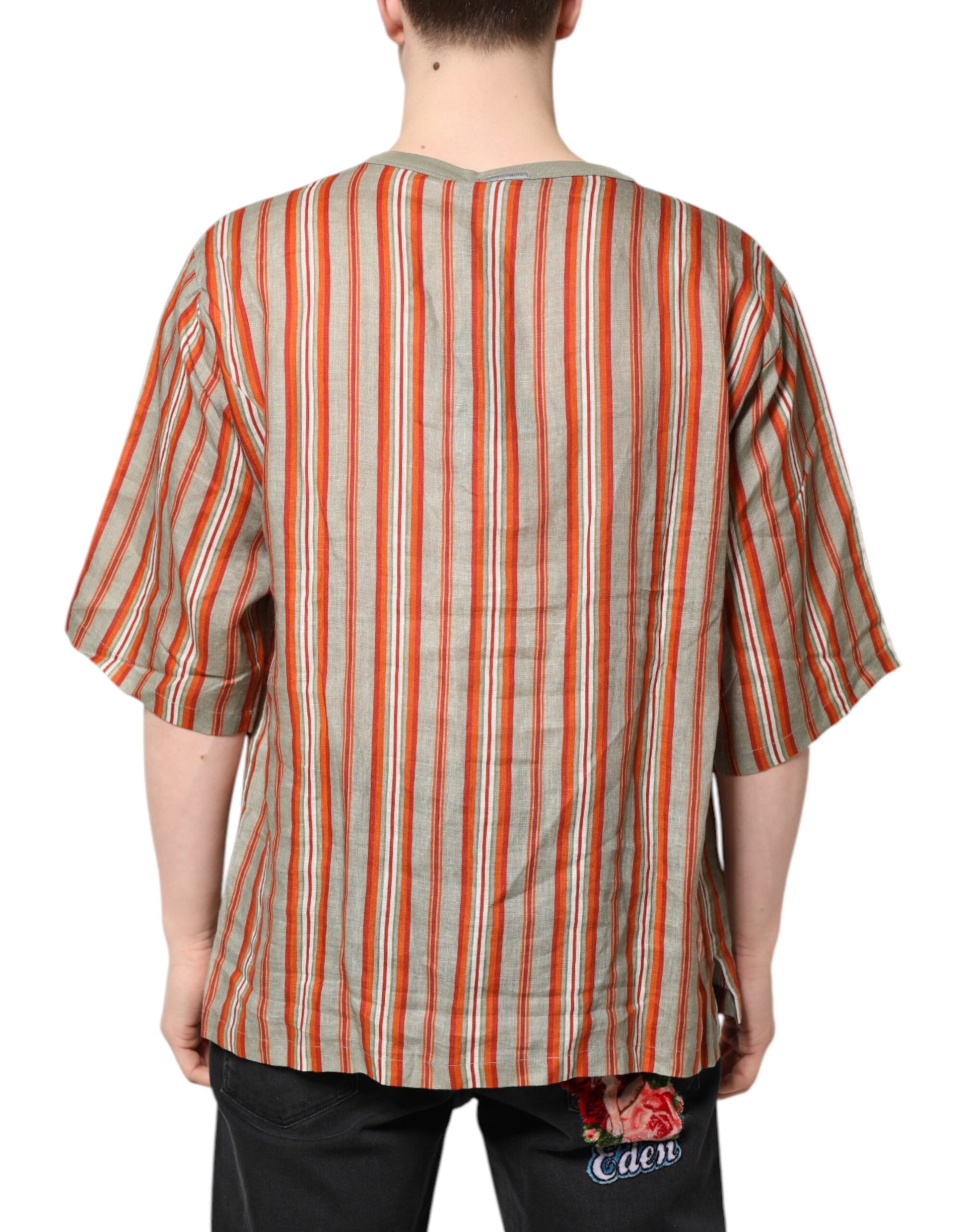 Mehrfarbig gestreiftes grafisches Leinen-T-Shirt mit Rundhalsausschnitt