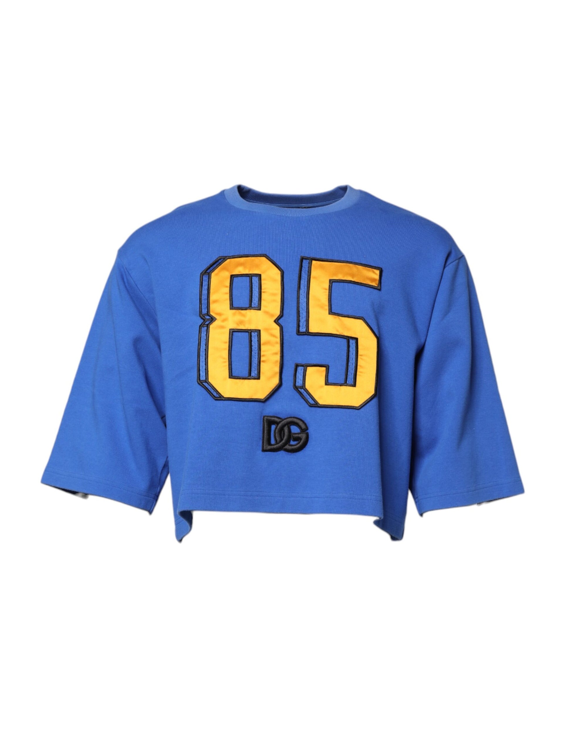 Blaues, bedrucktes, kurzes T-Shirt aus Baumwolle mit Rundhalsausschnitt